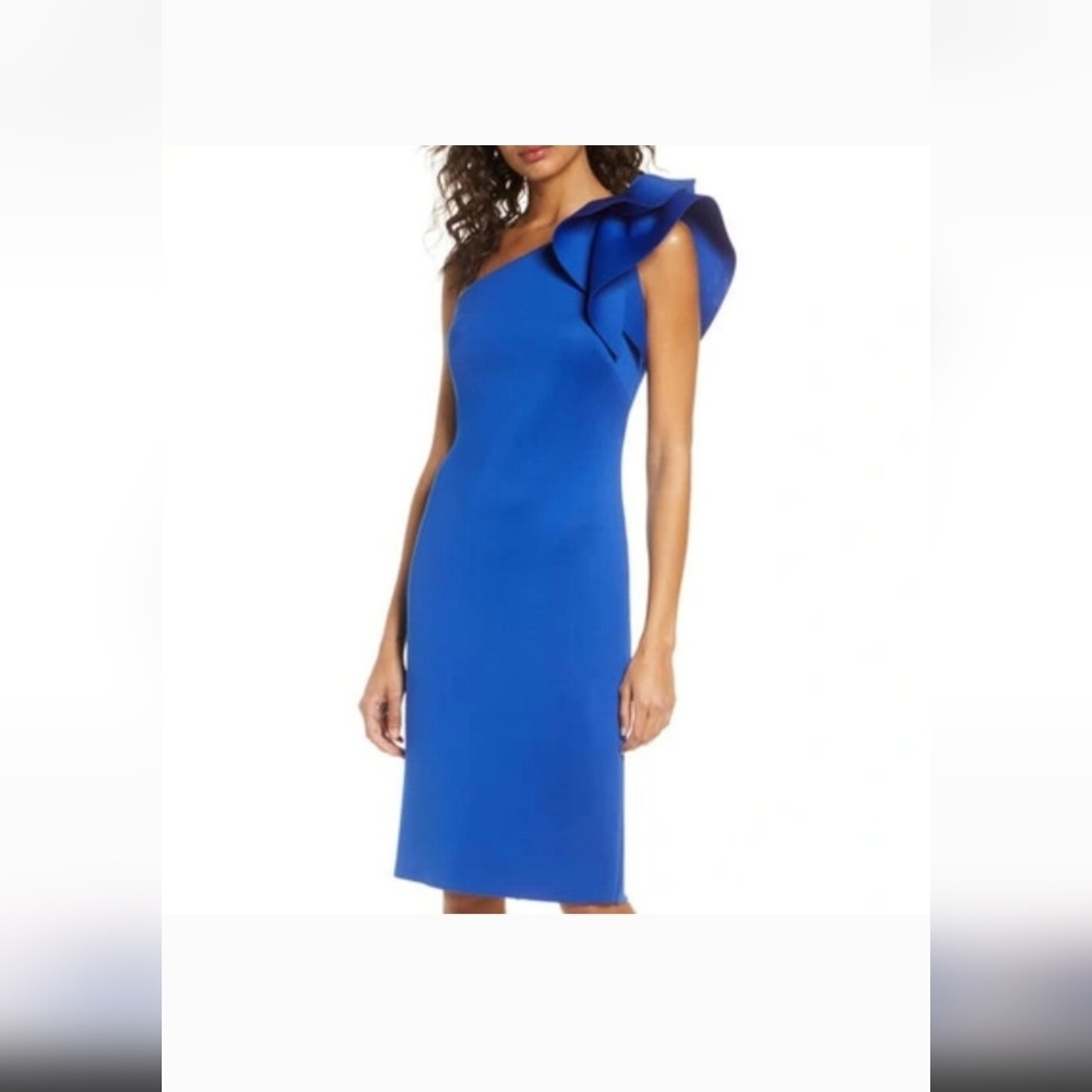 Eliza J Blue Asymmetrical Ruffled Cocktail Dress